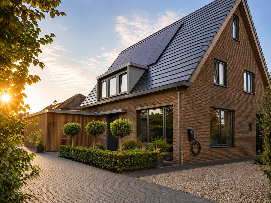 Huis met zonnepanelen en laadpaal